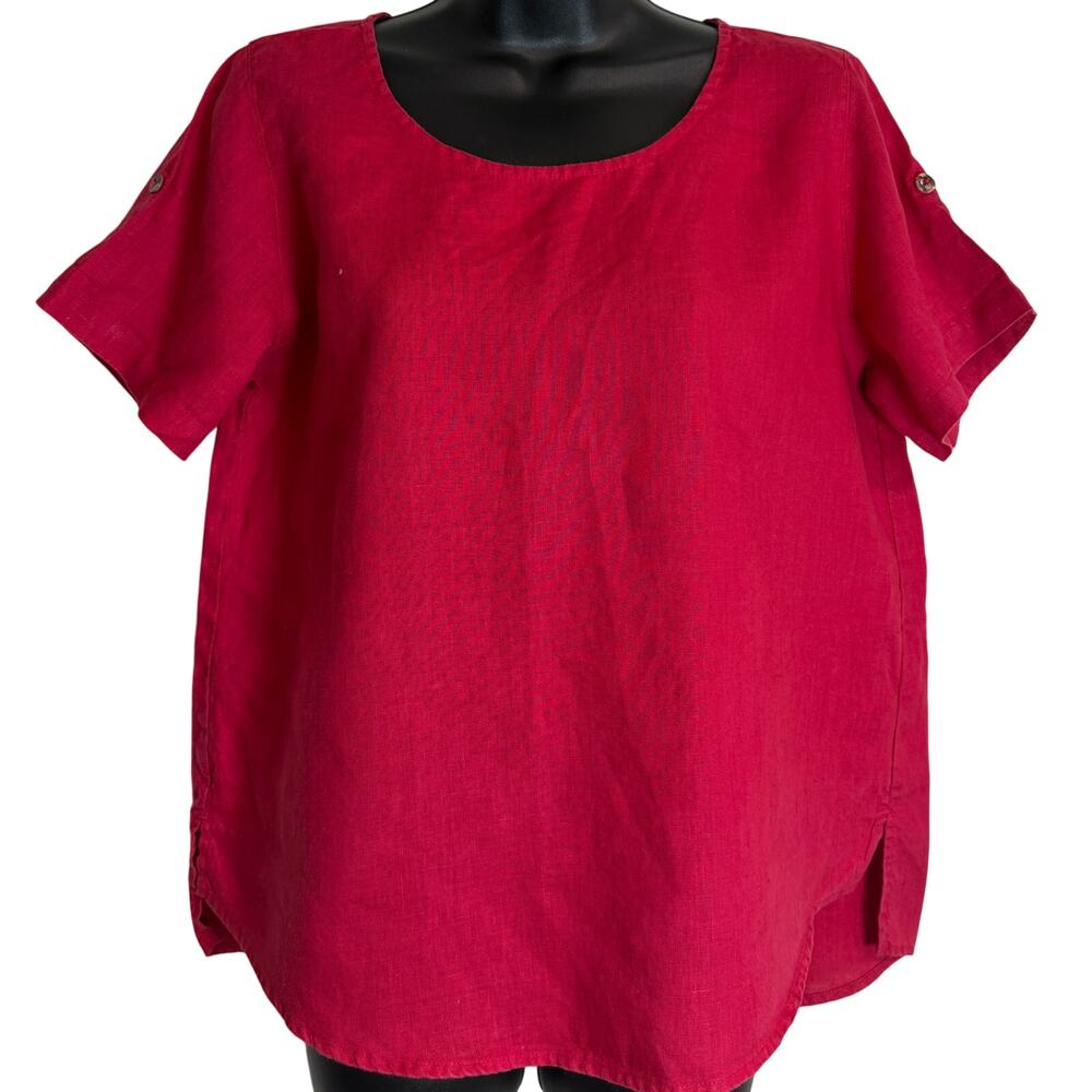 Kleen 100% Linen Red Blouse Womens Small Roll Tab Sleeve Lightweight Summer Top